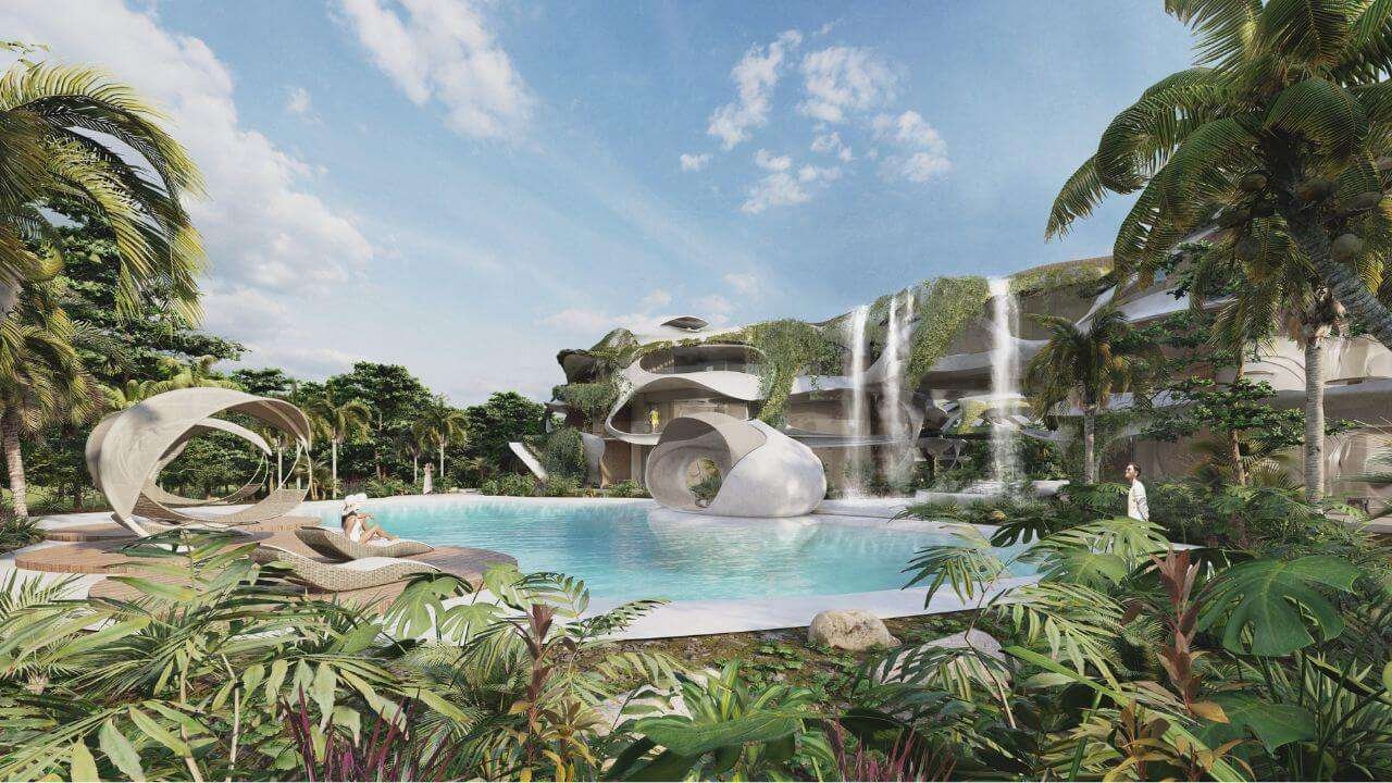Render de la alberca con cascadas