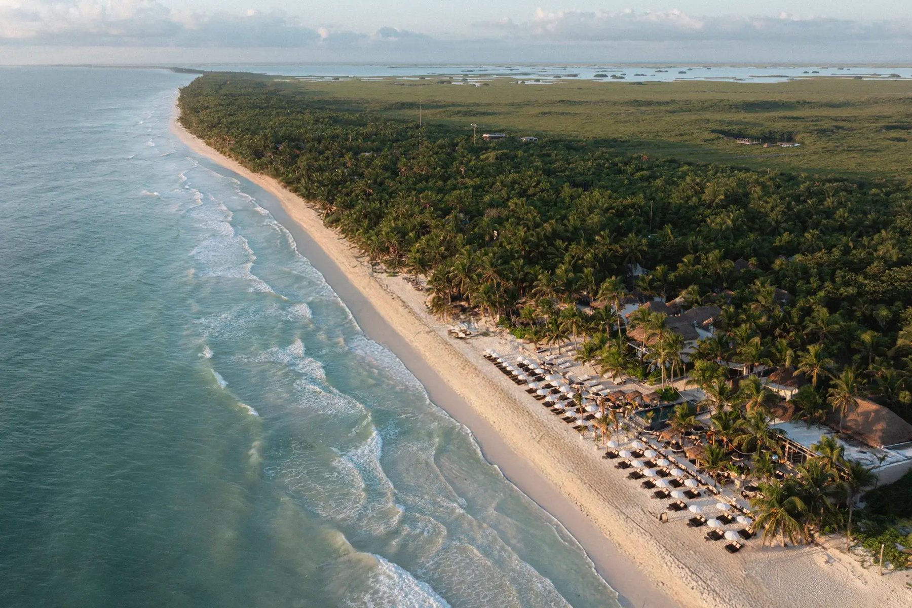 La costa de Tulum desde el aire, con el beach club junto a la selva
