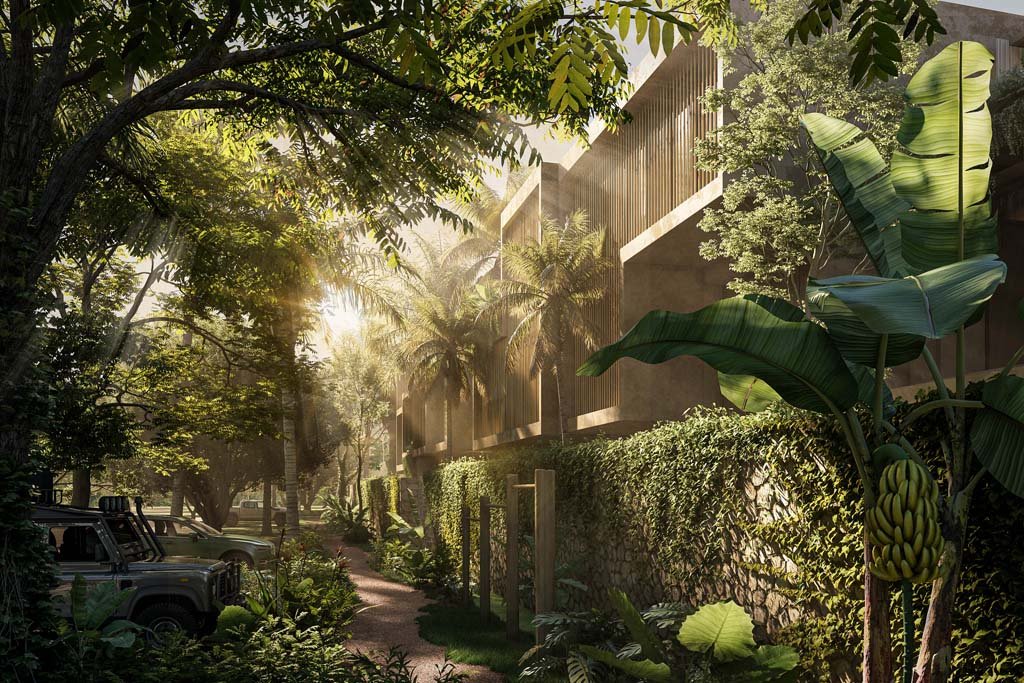 Render de la fachada entre la vegetación